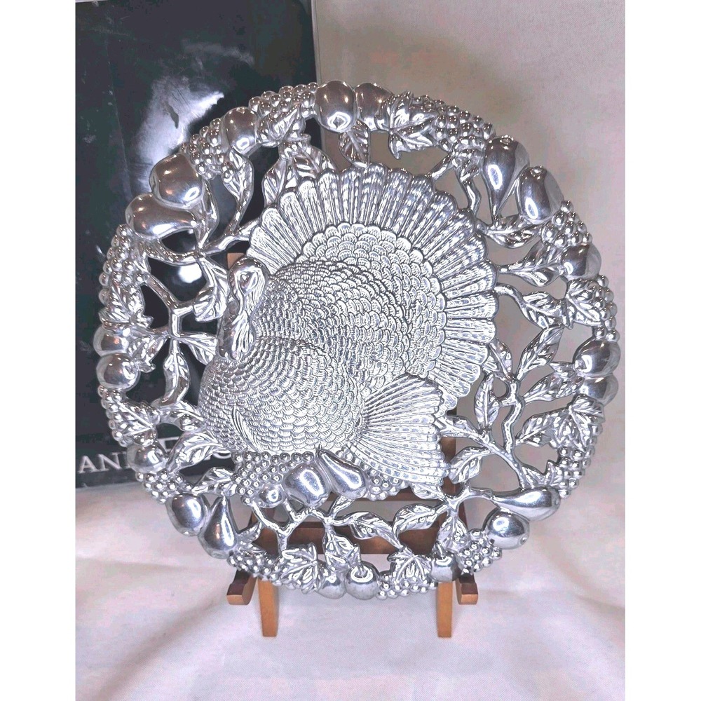 FITZ & FLOYD CAST‎ METAL SILVER 8" TURKEY TRIVET W/VINES TRIM THANKSGIVING DECOR